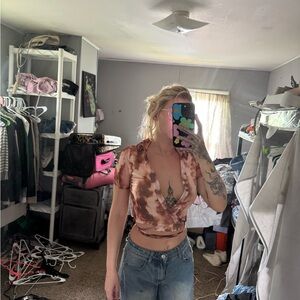 Melrose and Market Brown Cap Sleeve Tie Front Crop Blouse